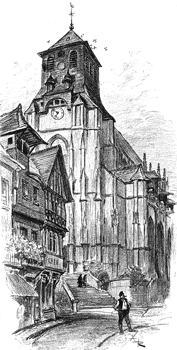 Illustration d’A. Robida montrant l’église Saint-Jacques dominant majestueusement la place du Marché-au-Beurre. (Photo Georges Bernage © Patrimoine Normand)