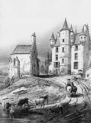 Lithographie montrant le manoir de Courboyer vers le milieu du XIXe siècle, avec sa chapelle. (© Coll. Patrimoine Normand)