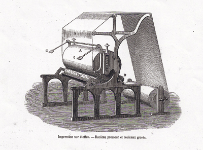 Type de machine utilisée dans l'impression sur étoffes : rouleau presseur et rouleaux gravés. (DR)