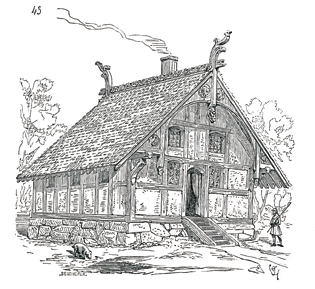 Il existait encore en Normandie (actuel département de l’Eure), vers 1830, des maisons de ce style. Toutes disparues, dessin de Viollet-le-Duc.