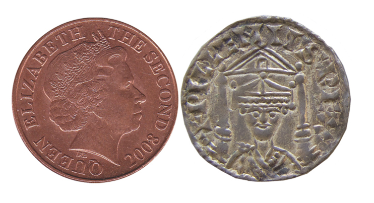 Pièce de 2 pence à l’effigie d’« Elizabeth the second », frappée à Jersey en 2008.?(DR)  ; penny d’argent de Guillaume le Conquérant frappé à Londres. (© Université de Yale, collection numismatique – Domaine public - https://artgallery.yale.edu) 