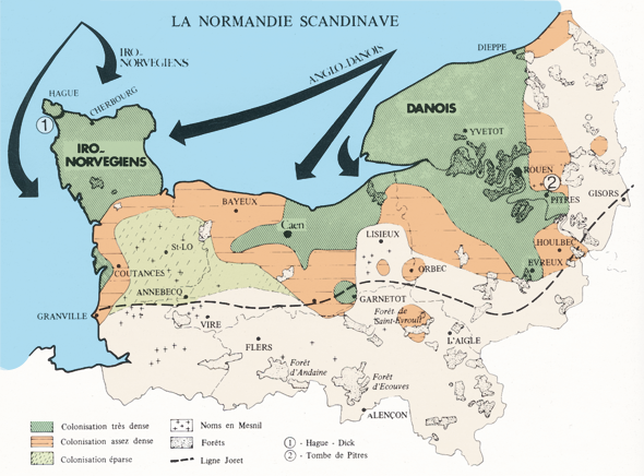 Cette carte, conçue par Georges Bernage et réalisée par la revue Heimdal il y a une trentaine d’années, montre l’implantation scandinave en Normandie d’après l’étude des noms de lieux. La ligne Joret portée sur cette carte montre que l’essentiel des établissements scandinaves se trouve dans le secteur linguistique « normanisant ». On remarque deux pôles de l’implantation scandinave : la Basse-Seine (Pays de Caux, Roumois, nord de l’Evrecin), et Cotentin. On trouve un autre secteur de forte implantation sur toute la côte du Calvados et plus particulièrement sur la partie nord du Pays d’Auge, dans la vallée de la Dive, dans l’ouest de la Plaine de Caen et dans le sud-est du Bessin. (© Patrimoine Normand)