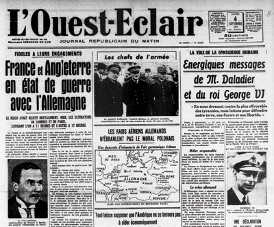 Le quotidien L’Ouest-Eclair dans son édition du 4 septembre 1939, titre « France et Angleterre en état de guerre avec l’Allemagne. » (DR)