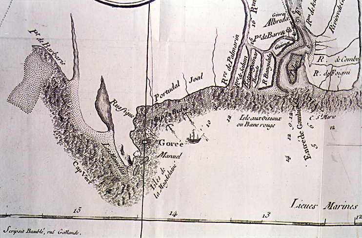 Carte des côtes du Sénégal d’après une carte fournie par l’Abbé Demanet dans son ouvrage publié en 1767.?On aperçoit le Cap Vert (où est actuellement implanté la ville de Dakar) où Jehan Prunaut et ses «?preux » compagnons eurent leur premier contact avec des Noirs, des Wolofs, peu après Noël 1364. On notera aussi Rufisque, où le français se serait conservé, vers le sud, les rivières Saloum et Gambie. Sur cette carte, le nord est à gauche.