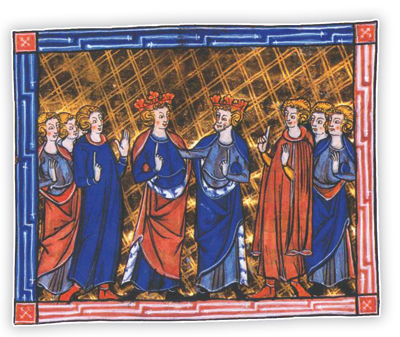 Philippe Auguste et Richard Cœur de Lion montrant leur amitié au début de la 3e croisade (1190-1191), Livre d'Eracle, Flandres, vers 1300. C'est durant cette période d'alliance que les deux rois décidèrent la création de l'abbaye de Bonport à Pont-de-l'Arche. (© Bibliothèque nationale de France)