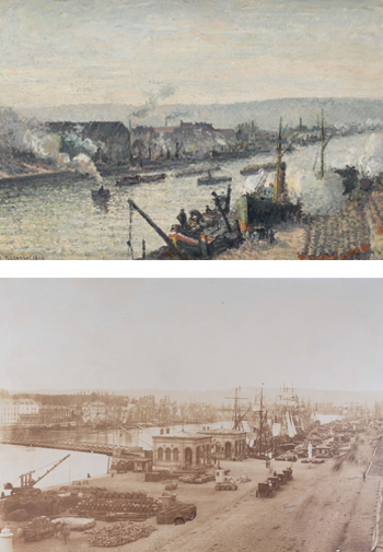 Camille PISSARRO, Port de Rouen, Saint-Sever, 1896, huile sur toile, 65,5 x 92,2 cm, Paris, Musée d’Orsay, legs Enriqueta Alsop au nom du Dr Eduardo Mollard, 1972. (© RMN-Grand Palais (musée d’Orsay) / Franck Raux) ; Auguste Rosalie BISSON et Louis Auguste BISSON, dit BISSON FRÈRES, Rouen, le port maritime, près du pont suspendu, 1857, tirage sur papier albuminé d’après négatif sur verre au collodion, 32 x 44, 5 cm, Honfleur. (Collection Pierre Gaston)
