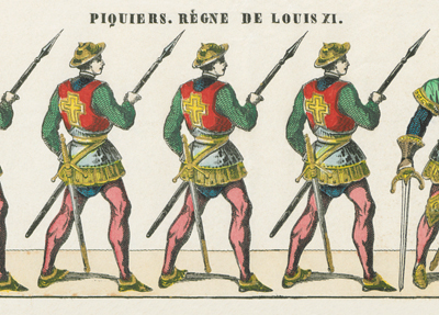 Détail de « Troupes anciennes. N°3 - Piquiers, Règne de Louis XI », gravure sur bois en couleurs (46 x 36 cm) éditée chez Pellerin, Epinal, 1859. (© BnF, département Estampes et photographie, FOL-LI-59)