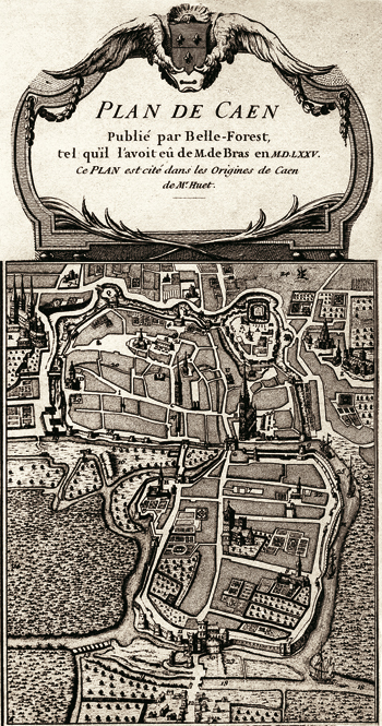 Plan ancien de Caen en 1625, où l’on distingue bien les trois bourgs à l’origine de Caen. (© Archives Patrimoine Normand)