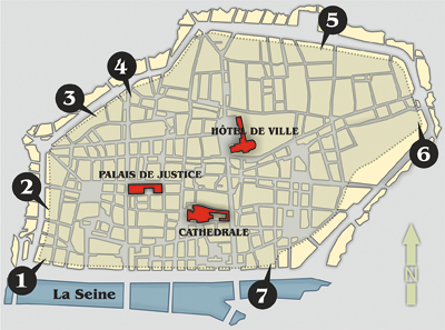 Localisation des sites évoqués, sur un fond de plan actuel de Rouen. Le tracé de la dernière enceinte de la ville a été figuré en pointillés. 1. boulevard des Belges, Palais anglais (XVe s.). 2. boulevard des Belges (Rectorat), tour et courtine (XVe s.). 3. boulevard de la Marne (collège Barbey d’Aurevilly), courtine (XIVe s.) et casemate (début du XVIe s.). 4. rues Jeanne d’Arc et du Donjon, château de Philippe Auguste (début du XIIIe s.). 5. boulevard de Verdun, couvents adossés à l’enceinte urbaine (XVIIe s.). 6. boulevard Gambetta, courtine et tour du colombier (XVe s.). 7. Quai de Paris, porte Guillaume Lion (XVIIIe s.) (© DAO. Érik Follain) 