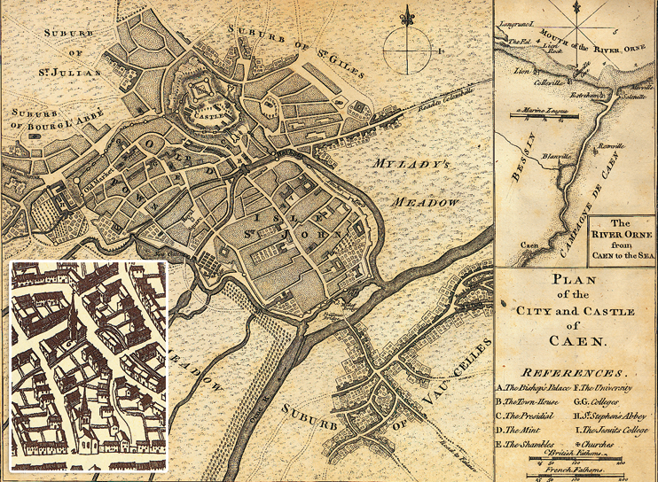 Plan de la ville et du château de Caen. Plan anglais, copie d’un plan français. (Coll. Part. E. Groult.) En médaillon : la rue Froide. (Extrait du Merian, Topographia Galliae, 1650.)