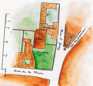 Plan extrait d’un manucrit anonyme du presbytère Notre-Dame montrant l’emplacement du cimetière (qui faisait alors l’angle des deux rues et a été bâti depuis), de l’église et du presbytère Saint-Jean (Extrait de l’ouvrage de Christianne Huet, Bayeux au siècle des Lumières, La Mandragore - mise en couleurs Patrimoine Normand)