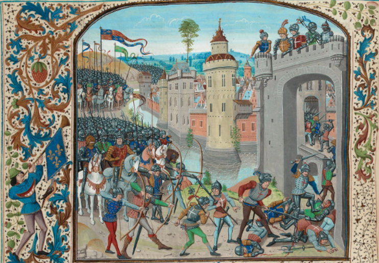 Le roi d’Angleterre arrive devant Caen le 26 juillet 1346. (Jean Froissart, Chroniques - Tome 1 : Parchemin, 433 ff., 428-433 x 318-324 mm, 48 miniatures (ms. fr. 2643) Paris, Bibliothèque nationale de France, mss, Fr. 2643-2649.)