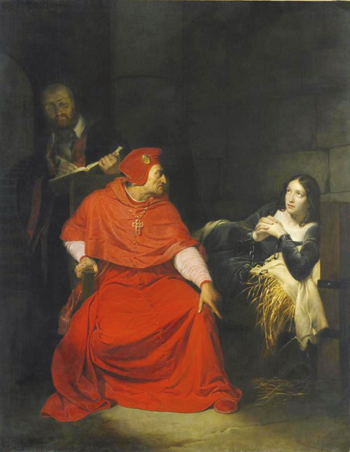 Jeanne d’Arc malade est interrogée dans sa prison par le cardinal de Winchester. Le peintre P. Delaroche remplace ici Pierre Cauchon par un ecclésiastique plus connu du public britannique, Henri Beaufort, cardinal et évêque de Winchester, figuré dans la pièce de Shakespeare Henri VI. Huile sur toile - XIXe siècle. (© MBA Rouen)