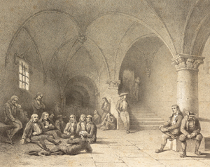 Prêtres réfractaires enfermés dans la salle de l’Aquilon. (© Archives de la Manche, collection des estampes, 1 Fi 5/454)