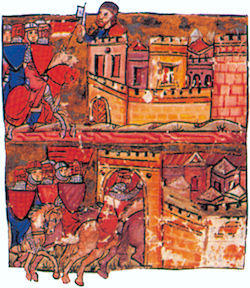 La reddition d’Antioche, les croisés entrent dans la ville. Miniature de l’Histoire d’Outremer de Guillaume de Tyr. XIIIe siècle. (Bibliothèque municipale, Lyon)