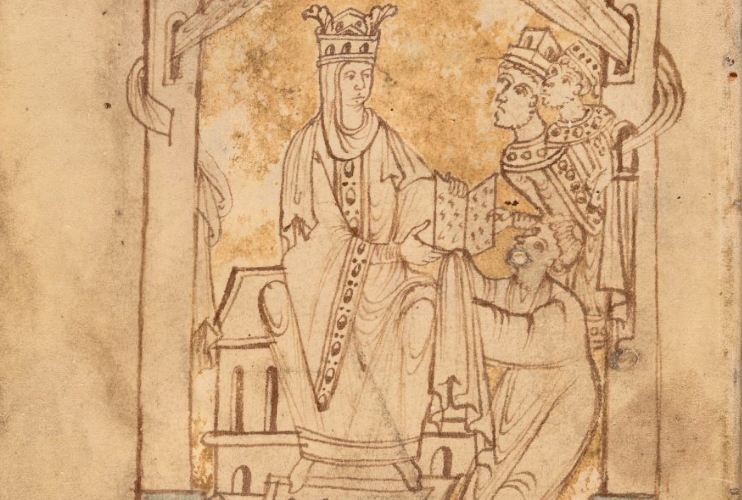 Représentation de Emma de Normandie extraite de l'ouvrage Encomium Emmae reginae. (© British Library, Add MS 33241, f. 1v)