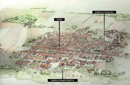 Proposition de restitution de la ville gallo-romaine d’Aregenua. (© Service archéologie – département du Calvados)