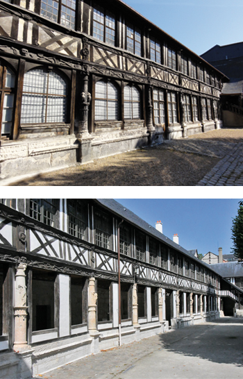 L’aître Saint-Maclou. Vue extérieure de la galerie avant et après travaux. (© Serge Van Den Broucke & Rodolphe Corbin)