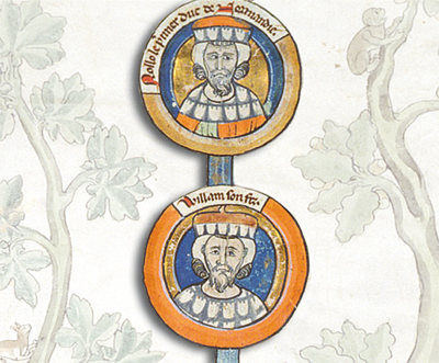 Rollon « Le premer [sic] duc de Normandie » et « William son fiz ». Registre généalogique des rois d’Angleterre. (© The British library, Ms Royal 14 B VI, membrane 5, Angleterre, avant 1308)