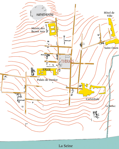 Rouen au Haut Empire, les thermes occupent une position centrale. (© PAO Erik Follain)