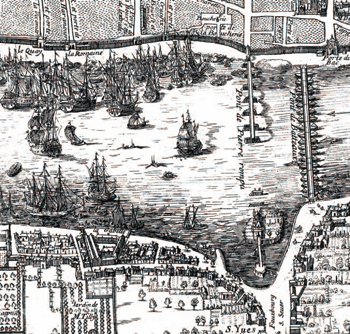 Arrêtés par le pont, une multitude des navires se massent le long des quais de Rouen. Ce spectacle impressionnant a été figuré par Jacques Gomboust dans son plan de la ville, en 1655.