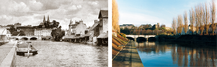 Autre vue de la Vire, le long des quais d’Agneaux, commune limitrophe. Le pont au fond est le pont de Saint-Lô. Les berges de la Vire étaient autrefois occupées par des lavoirs, ici face au quai auquel s’arrimaient les barges. (Carte postale © Archives Départementales de la Manche, Saint-Lô ; Photo Éric Bruneval © Patrimoine Normand.)