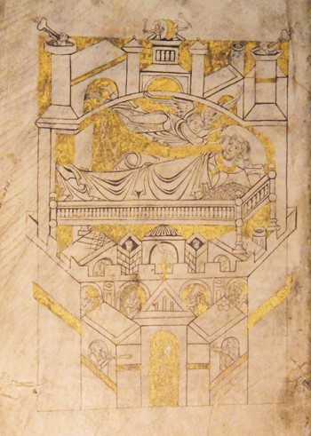 Détail d’une enluminure du xiie siècle représentant  Le Songe d’Aubert. Cartulaire du Mont-Saint-Michel, bibliothèque patrimoniale d’Avranches, fonds ancien, ms 210, f. 4v. (© Rodolphe Corbin)