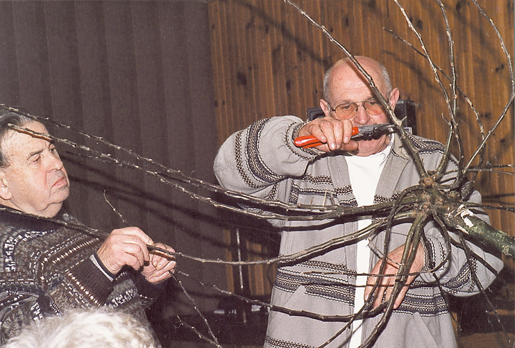 Démonstration de taille et technique de greffage par Claude Beaune. A gauche, M. Vittecoq. (Photo Alexandre Vernon © Patrimoine Normand.)