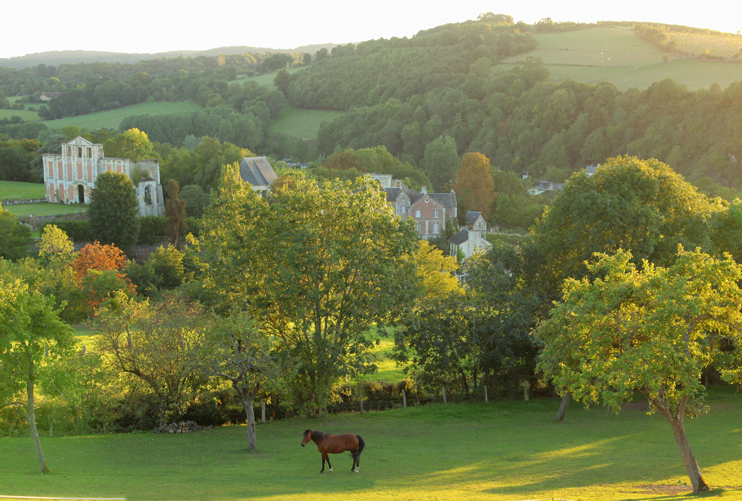 Paysage de Thury-Harcourt. Au fond les ruines du château. (© Grégory Wait).