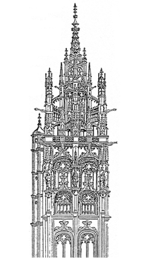 La tour de l’église Saint-André avec son beffroi avant sa destruction par un ouragan. (Dessin d’André Durand en 1860 d’après un dessin du XVIe siècle conservé à Rome)