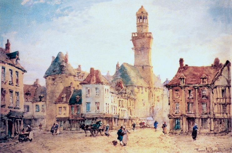 La Place de l'Hôtel de Ville avec la Tour de la Porte Saint-Sauveur (à gauche) et la Porte-Horloge dans le fond d'après une aquarelle de la seconde moitié du siècle dernier réalisée par un Anglais signant P. Leboeuf (© Musée de Vire)